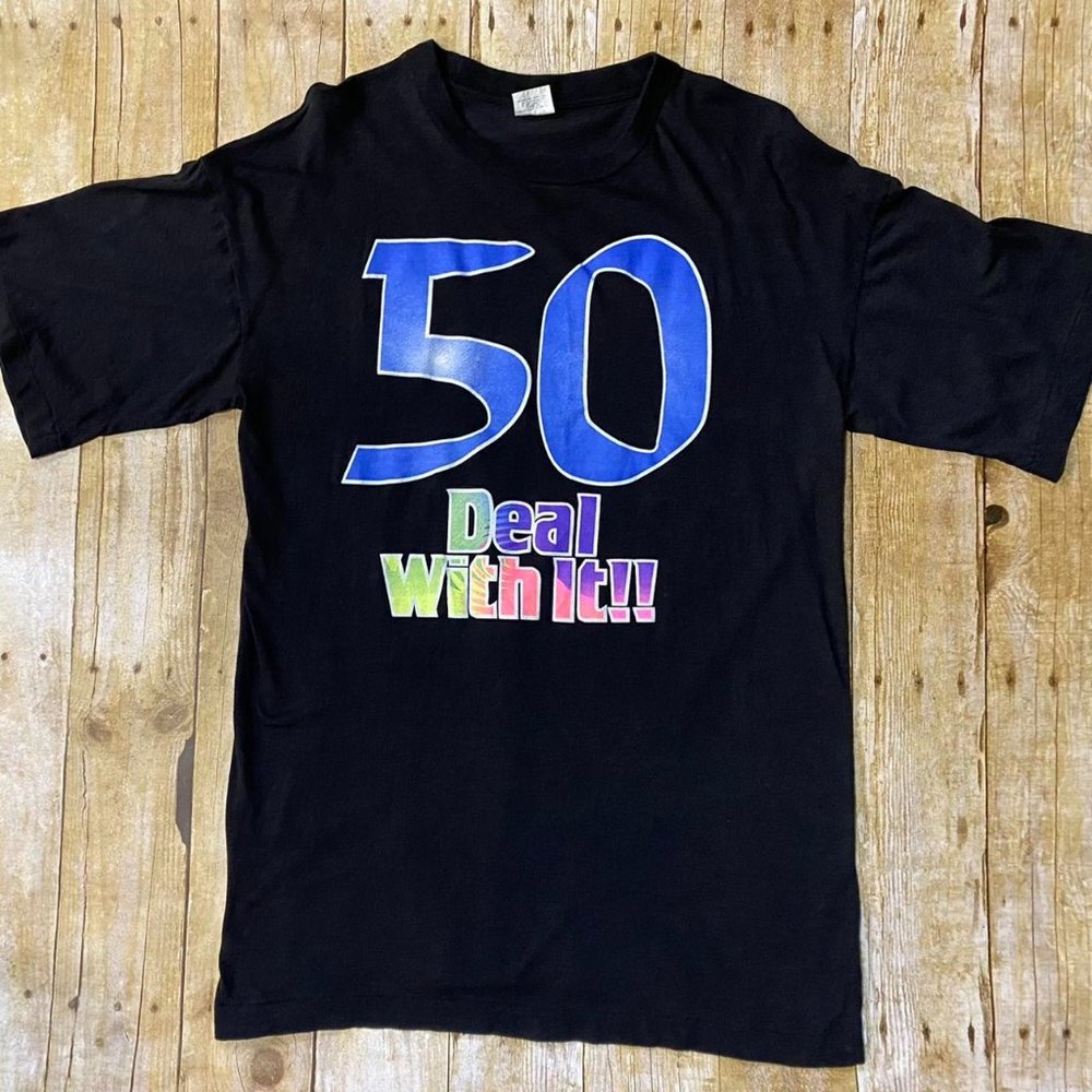 Vintage Single Stitched 50 Deal with It Tee Shirt Men’s XL Fifty Fifty Black